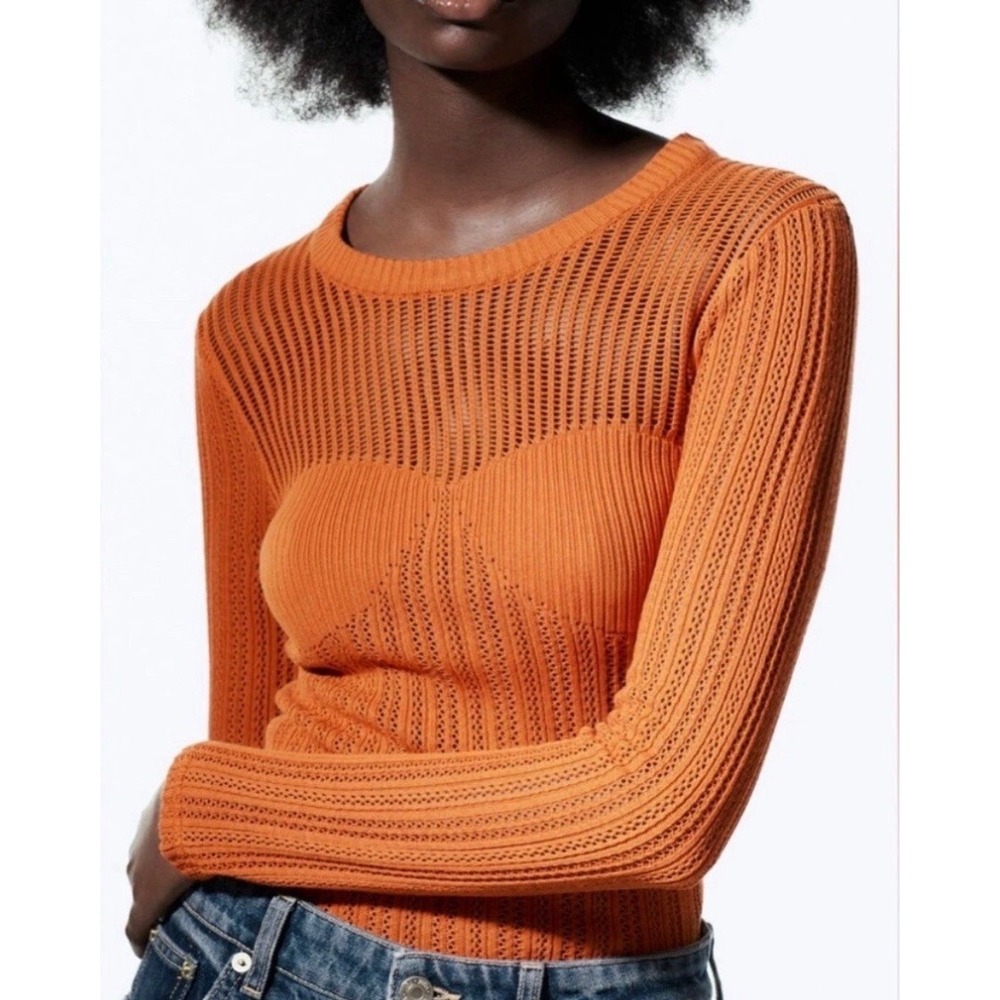 Zara Burnt Orange Crochet Knit Long Sleeve Top Sweetheart Bodice Small